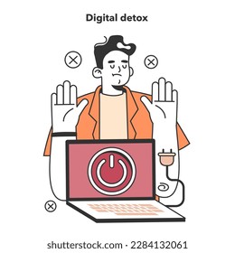 Digital detox. Character taking a break from digital device. Disconnected or turned off laptop. Breaking the internet and social media addiction. Flat vector illustration