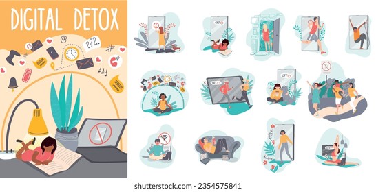 Digital detox composition set of people escaping from internet and gadget addiction relaxing and walking isolated vector illustration