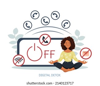 Digital detox concept. An African-American woman is sitting in the lotus position. Rejection of negative news, gadgets, the Internet, social networks. Maintaining mental health. Vector
