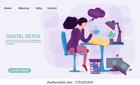 Digital detox concept, banners for web and mobile sites, little man, girl with a Cup of tea reading a book at the table, gadgets in the trash, flat vector illustration