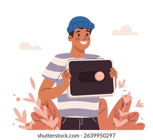 Digital detox concept. Cartoon character holding turned off tablet. Young man disconnecting device and spend time outdoors without gadget. Internet, social media, phone addiction. Vector illustration.