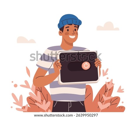 Digital detox concept. Cartoon character holding turned off tablet. Young man disconnecting device and spend time outdoors without gadget. Internet, social media, phone addiction. Vector illustration.