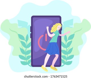 Digital detox concept. Cute blonde young girl stepping out of the mobile phone screen. Female millennial user character in modern lifestyle illustration. Turn off your smartphone & tablet doodle.