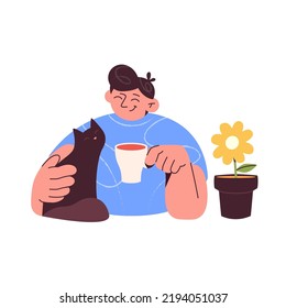 Digital Detox Concept. Disconnecting. Social media Detox. Life without gadgets. Internet addiction. Habit of using Gadgets, Internet, Social network. Trendy Vector Illustration. Guy strokes cat.