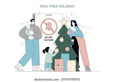 Digital Detox concept. Family enjoying a tech-free holiday, decorating a Christmas tree, embracing the joy of presence. Vector illustration.