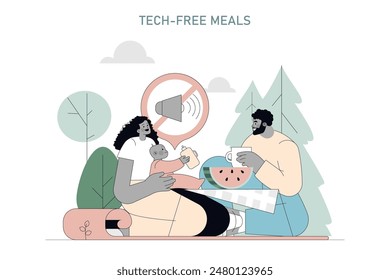 Digital Detox concept. A family enjoying a meal outdoors sans technology, embracing a serene environment. Connection, relaxation, and tech moderation. Vector illustration.