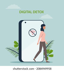 Digital detox concept with a girl coming out of the cell phone. Without Internet vector illustration