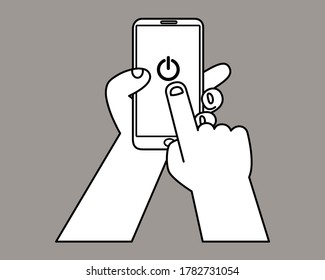 Digital Detox Concept. Hand using smartphone to switch off or shut down online and social connection, Black and White. Flat vector illustration. 