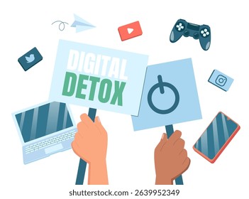 Digital detox concept. Hands holding prohibition sign. Cartoon character turning off gadgets, disconnecting and spending time without devices. Internet and phone addiction. Vector illustration.