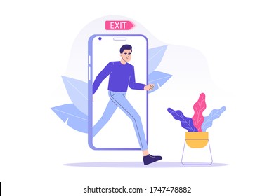 Digital Detox Concept. Happy man exiting the smartphone screen.  Unplugging the phone and being offline. Staying away from stress and anxiety. Healthy lifestyle. Isolated modern vector illustration