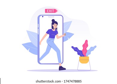 Digital Detox Concept. Happy woman exiting the smartphone screen.  Unplugging the phone and being offline. Staying away from stress and anxiety. Healthy lifestyle. Isolated modern vector illustration