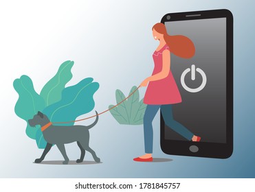 Digital Detox Concept. Happy woman and dog exiting social connection and shut down online the smartphone screen. Unplugging the phone and being offline.
 Flat vector illustration.