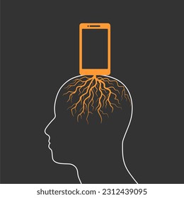 Digital detox concept illustration. Addiction of devices. Smartphone rooted in human head