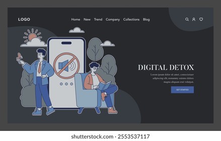 Digital Detox concept. Illustration of individuals embracing lifestyle free from digital devices, promoting mental health. Balance between technology and life. Vector illustration.