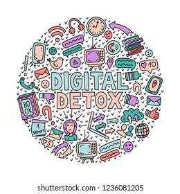 Digital detox. Concept illustration with lettering and doodles in cloud shape