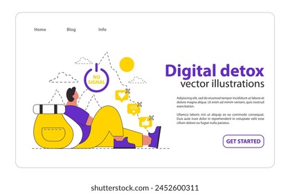 Digital Detox concept. Illustration of a person relaxed without digital connection, embracing tech-free time. Social media disconnect for mental health. Vector illustration. svg