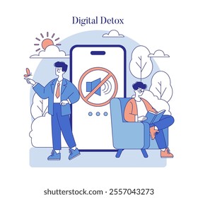 Digital Detox concept. Individuals engaging in outdoor activity and reading, away from digital devices, for mental health. Vector illustration.