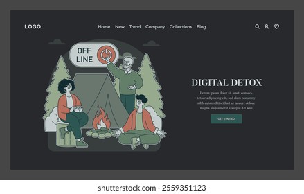Digital Detox concept. Individuals enjoying nature and a tech-free experience, embracing offline life at a campsite with a cozy fire. Vector illustration.