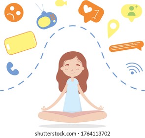 Digital detox concept. Information detox and meditation. Young woman meditating in lotus pose. Vector illustration in flat style.