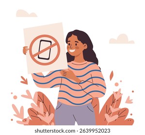 Digital detox concept. Internet and phone addiction. Woman stands with prohibition sign. Cartoon character turning off gadgets, disconnecting and spending time without devices. Vector illustration.