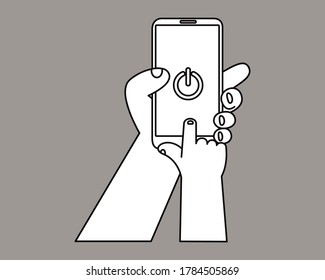Digital Detox Concept. Kid hand using smartphone to switch off or shut down online and social connection, Black and White. Flat vector illustration. 