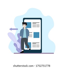 Digitales Detox-Konzept. Ein Mann kommt aus dem Bildschirm eines Mobiltelefons. Flache Vektorgrafik, einzelne Illustration