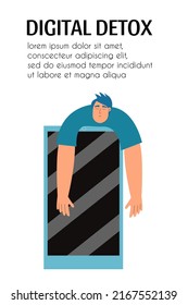 Concepto de desintoxicación digital. El hombre está descansando desde el smartphone. Ilustración vectorial en estilo plano
