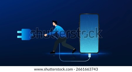 Digital detox concept. A man unplugs his smartphone to take a break from the screen. Symbol of mindfulness, mental health and connection to the real world.