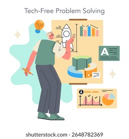 Digital Detox concept. Man uses traditional tools to solve problems amidst charts and graphs, embodying tech-free problem solving.