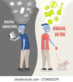 Digital detox concept of man using smartphone and walking a dog, not using digital devices