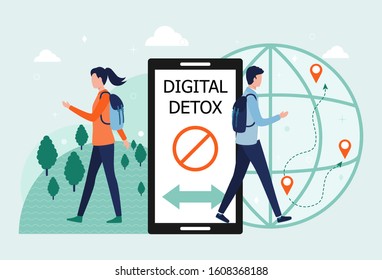 Digital detox concept. A man and a woman exit the smartphone. The idea of abandoning gadgets, devices, the Internet, socializing on social networks, a healthy lifestyle, leisure, travel. Flat vector