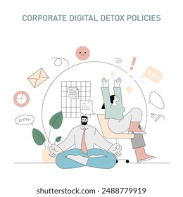 Concepto Digital Detox. Trabajadores de oficina practicando mindfulness lejos de la tecnología. Equilibrio en la vida laboral a través de políticas de bienestar digital. Ilustración vectorial.