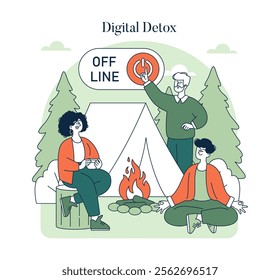 Digital Detox concept. People enjoying nature and a break from electronic devices near a campfire. Enhancing well-being with technology-free outdoor activities. Vector illustration.