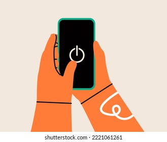 Concepto Digital Detox. La gente usa el smartphone para apagar o cerrar la conexión en línea y social. Ilustración vectorial colorida
