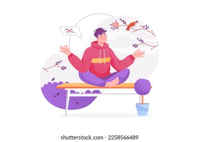 Digital detox concept with people scene. Happy man disconnected from internet and social media, meditates and sits in lotus position. Vector illustration with character in modern flat design for web