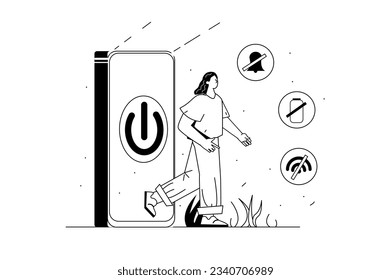 Digital detox concept with people scene in the flat line cartoon design. The girl turned off the phone and decided to rest. Vector illustration.