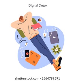 Digital Detox concept. A person relaxes with books, unplugging from electronic devices for mental health. Resting, self-care, and tech break. Vector illustration.