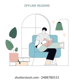 Digital Detox concept. Person relaxing with a book in a serene home setting, embracing the joy of offline reading. Serenity in disconnecting from digital devices. Vector illustration.