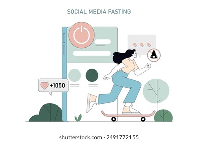 Digital Detox concept. Person skateboarding past a turned-off smartphone to represent social media fasting. Mindfulness and wellbeing theme. Vector illustration.