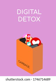 Digital Detox concept. Stop using cellphone zone sign. Gadget addiction social issue. A smartphone, likes icons in bin. Gadgets like trash, rejection of media addiction