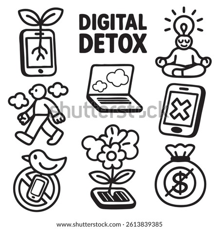 Digital detox is concept that emphasizes importance of taking breaks from technology to improve mental well being. This features various illustrations related to this theme including smartphone