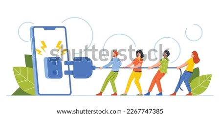 Digital Detox Concept with Tiny People Pull Plug Turning Off Giant Phone. Concept Of Disconnecting From Technology, Importance Of Unplugging And Taking Time For Oneself. Cartoon Vector Illustration