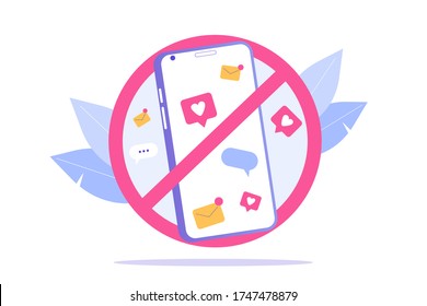 Digital Detox Concept. Unplugging the phone and being offline. Staying away from stress and anxiety. Abandoning gadgets, devices, internet. Isolated modern vector illustration for web, banner, poster