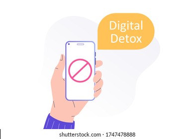 Digital Detox Concept. Unplugging the phone and being offline. Staying away from stress and anxiety. Abandoning gadgets, devices, internet. Isolated modern vector illustration for web, banner, poster