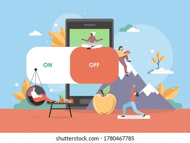 Digital detox concept vector flat illustration. People taking rest in nature being out of touch with others, disconnecting from all digital devices. Happy women reading book, going picnic, doing yoga.