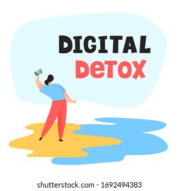 Desintoxicación digital - ilustración vectorial conceptual. Una idea de desconexión de gadgets, estilo de vida saludable, escape de internet y adicción a los medios digitales.