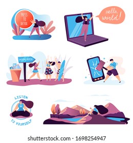 Desintoxicación digital - ilustración vectorial conceptual. Una idea de desconexión de gadgets, estilo de vida saludable, escape de internet y adicción a los medios digitales.