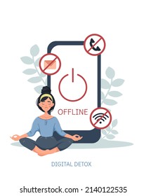 Digital detox concept. A woman meditates in the lotus position. Informational detoxification. Rejection of news, gadgets, devices, the Internet, social networks. Maintaining mental health. Vector