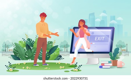 Digital detox concept, woman retreat from social media and walk out from computer screen to go out with friend in person against city park background. Vector illustration.