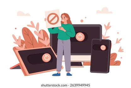 Digital detox concept. Woman stands with prohibition sign among turned off gadgets. Cartoon character disconnecting and spending time without gadget. Internet and phone addiction. Vector illustration.
